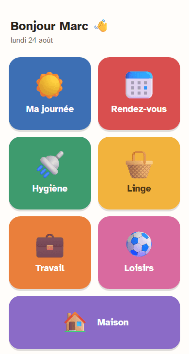 Écran d'accueil de l'application Tomo : sept cases pour accéder à Ma journée, Rendez-vous, Hygiène, Linge, Travail, Loisirs et Maison.